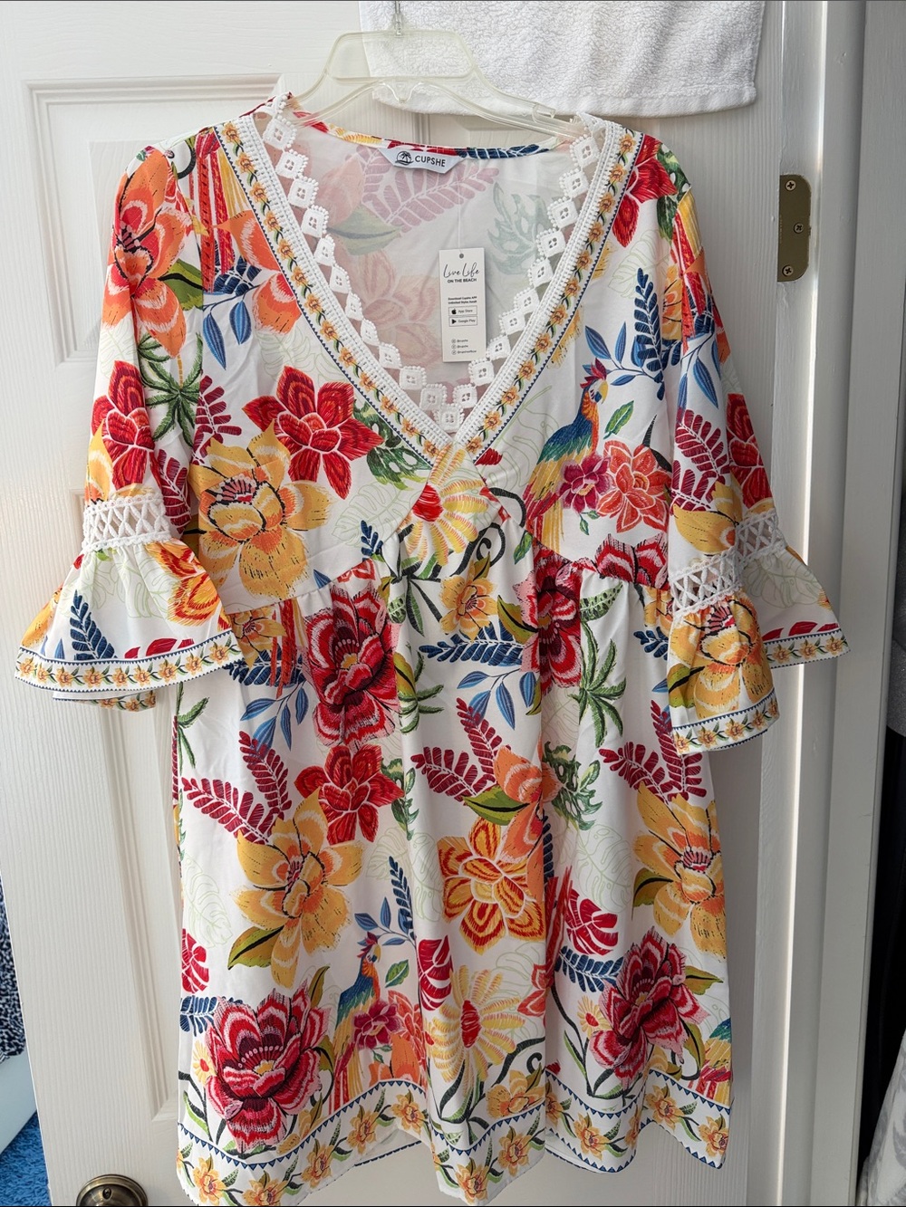 Floral V-Neck Dress with Lace Trim - White Multi